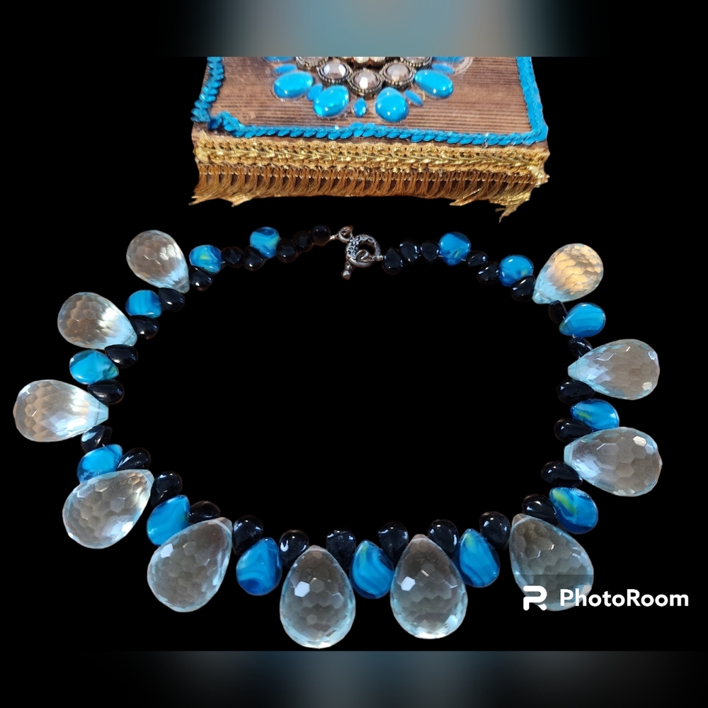 16" Blue And Black Crystal Beaded Necklace.